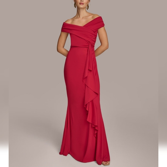 Donna Karen Elegant Red Off-Shoulder Evening Gown - Picture 6 of 9